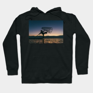 Silhouette of Traditional Fisherman on Lake Inle, Myanmar Hoodie